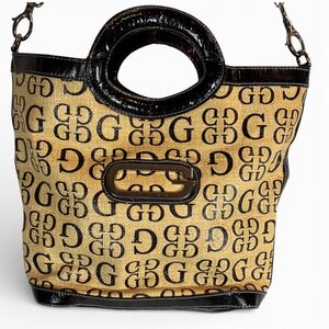 GUESS Monogram Straw Tote Bag‎ Black Tan Croc Embossed Trim Crossbody Handbag